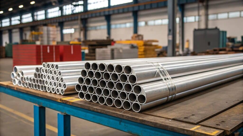 An icon-based graphic showing aluminum's key benefits: a feather (lightweight), a shield (corrosion resistance), a recycling symbol, and a stylized muscle arm (strength).